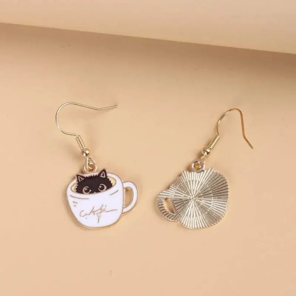 Cat Coffee Cup Dangle Earrings White Black 1.57 Inch Drop Pierced Ears New